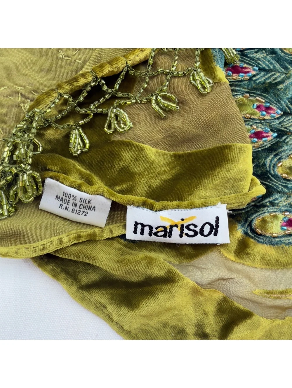 %100 SILK Vintage Beaded Velvet Peacock Scarf Wrap Shawl Olive Green Whimsigoth